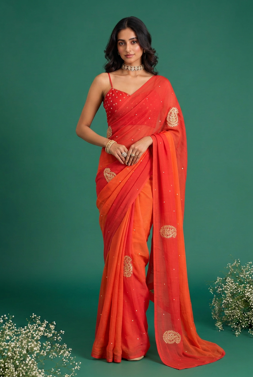 Chiffon Saree with Aari, Gota, Mirror work.
