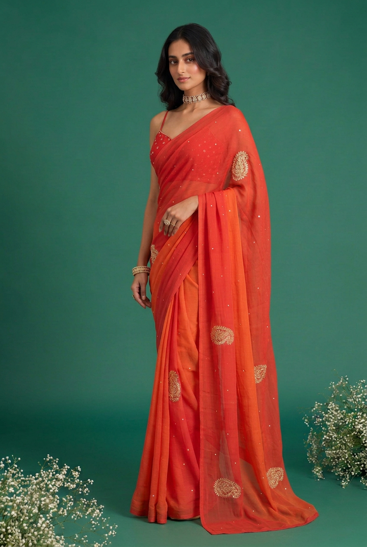 Chiffon Saree with Aari, Gota, Mirror work.