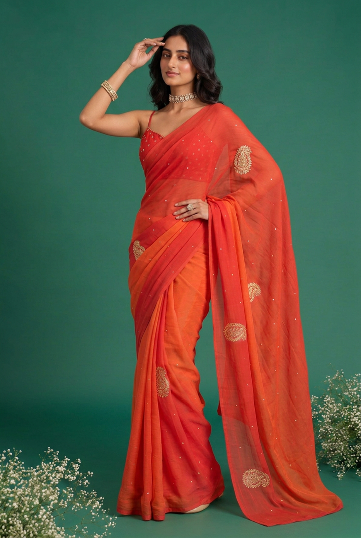 Chiffon Saree with Aari, Gota, Mirror work.