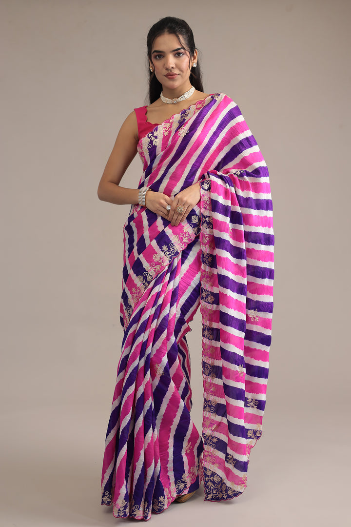 Light Blue Leheriya Tussar Silk  Saree  with Aari work