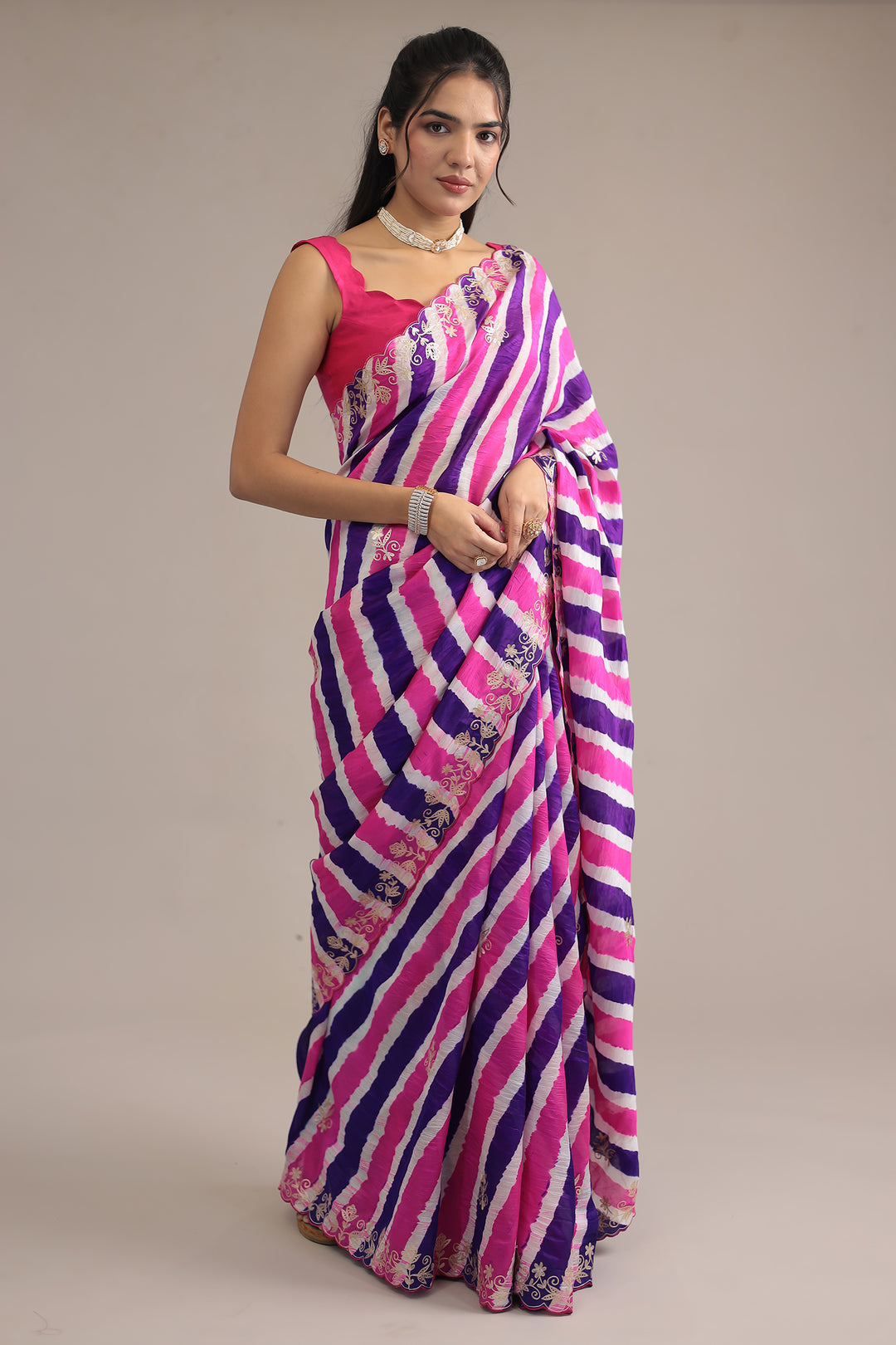 Light Blue Leheriya Tussar Silk  Saree  with Aari work