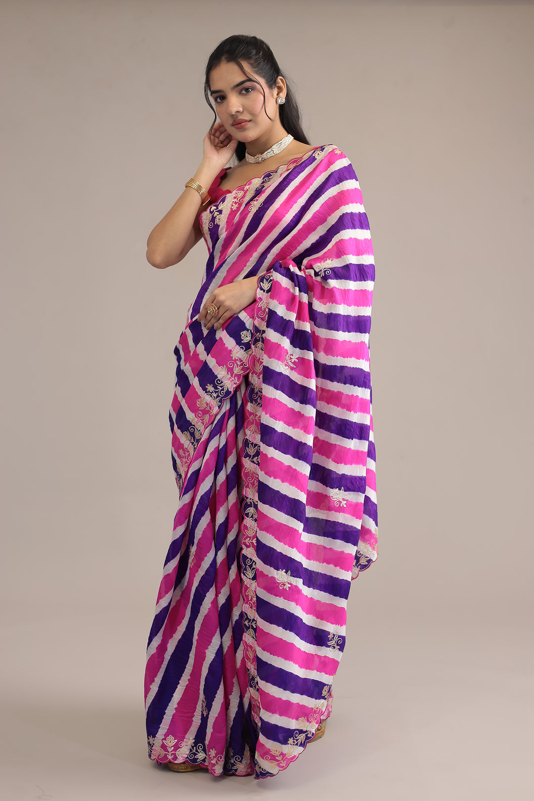 Light Blue Leheriya Tussar Silk  Saree  with Aari work