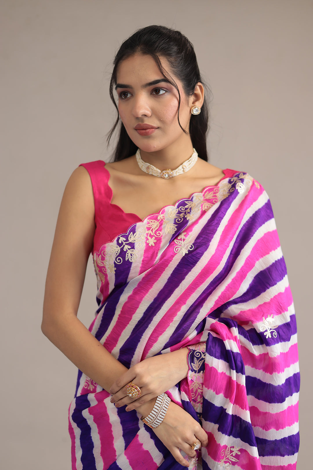 Light Blue Leheriya Tussar Silk  Saree  with Aari work