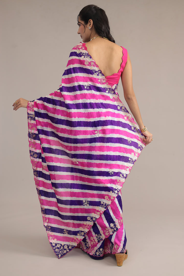 Light Blue Leheriya Tussar Silk  Saree  with Aari work