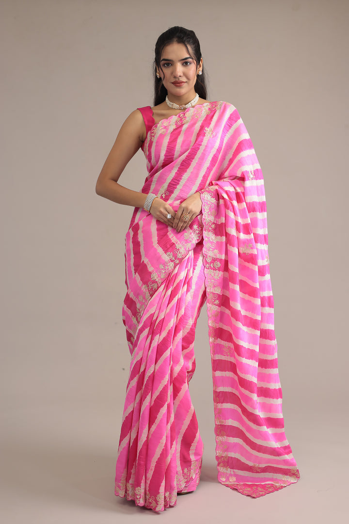 Light Blue Leheriya Tussar Silk  Saree  with Aari work