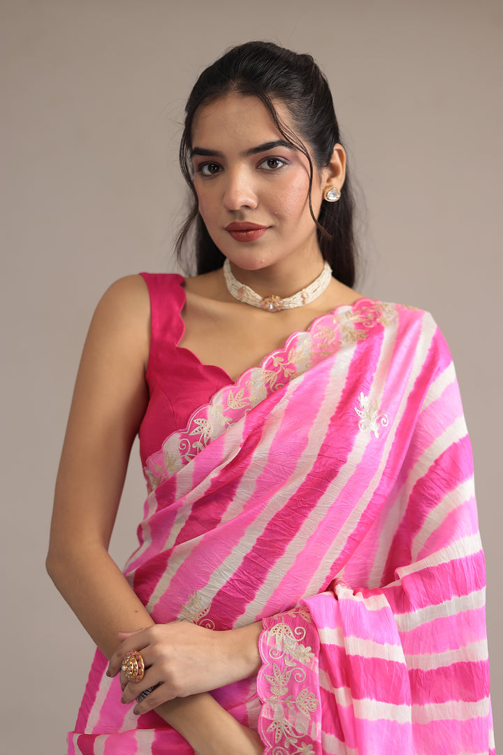 Light Blue Leheriya Tussar Silk  Saree  with Aari work