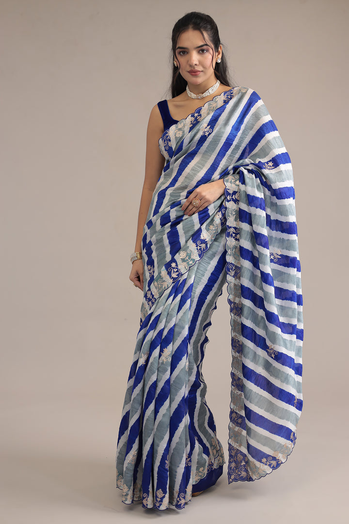 Light Blue Leheriya Tussar Silk  Saree  with Aari work