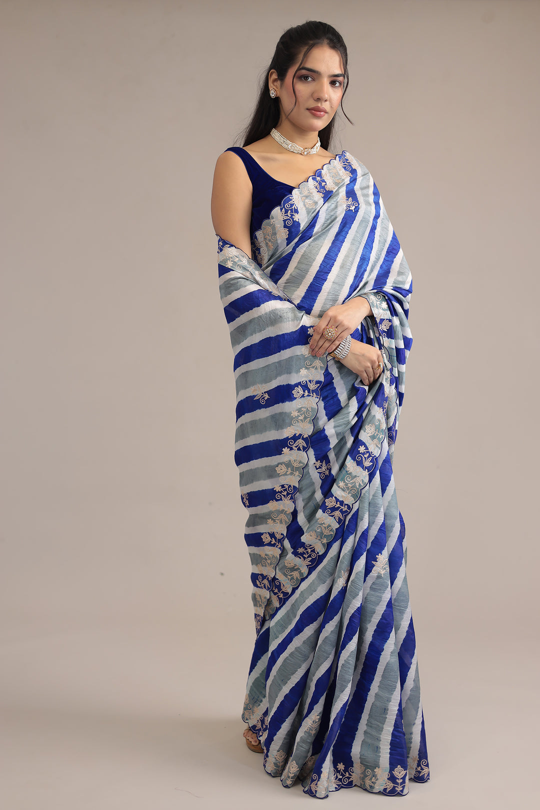 Light Blue Leheriya Tussar Silk  Saree  with Aari work