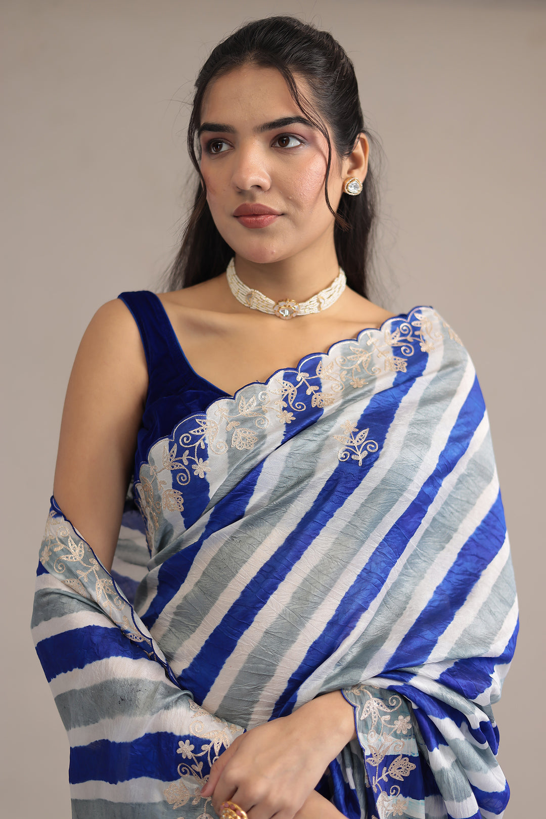Light Blue Leheriya Tussar Silk  Saree  with Aari work