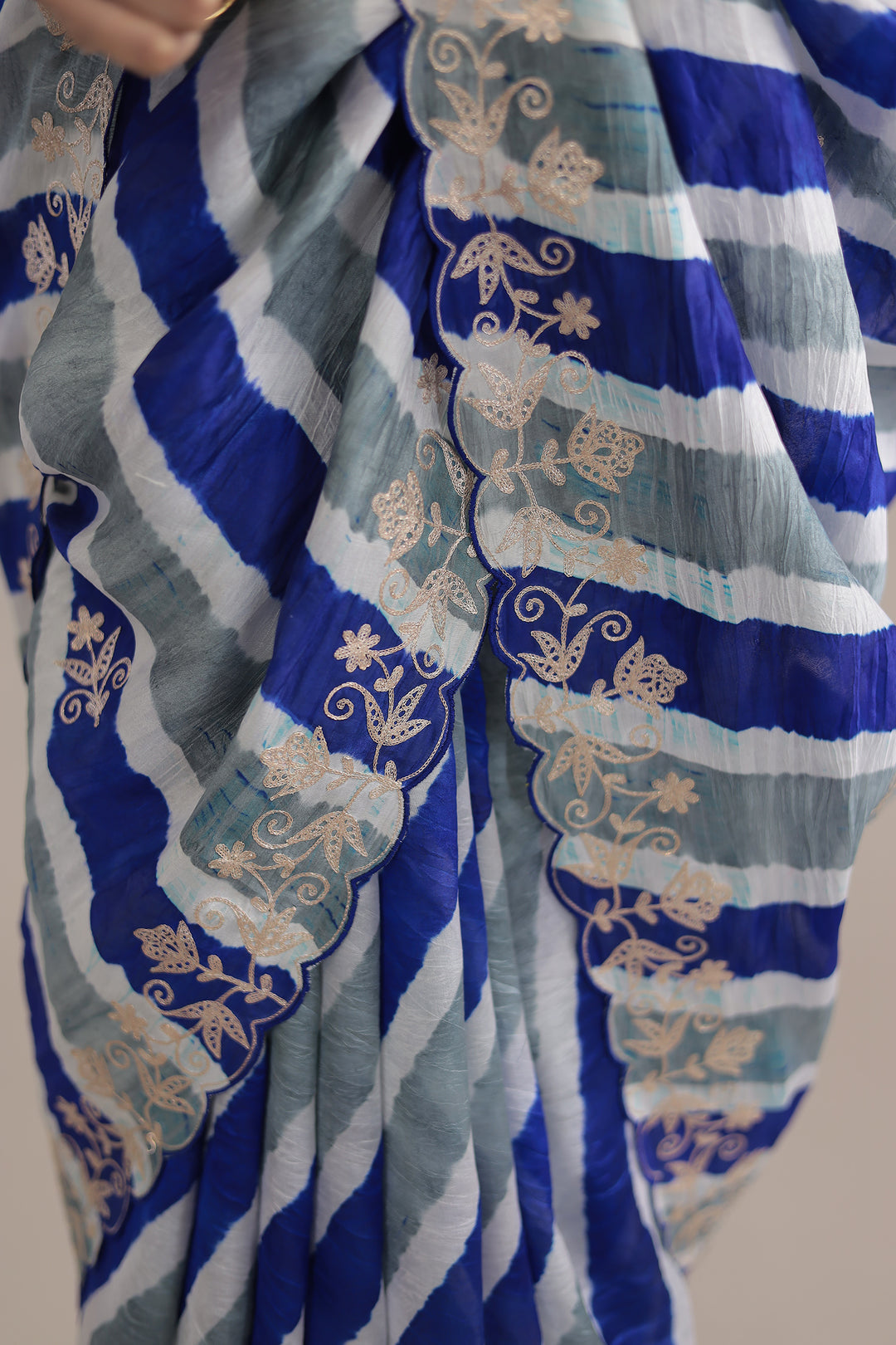 Light Blue Leheriya Tussar Silk  Saree  with Aari work