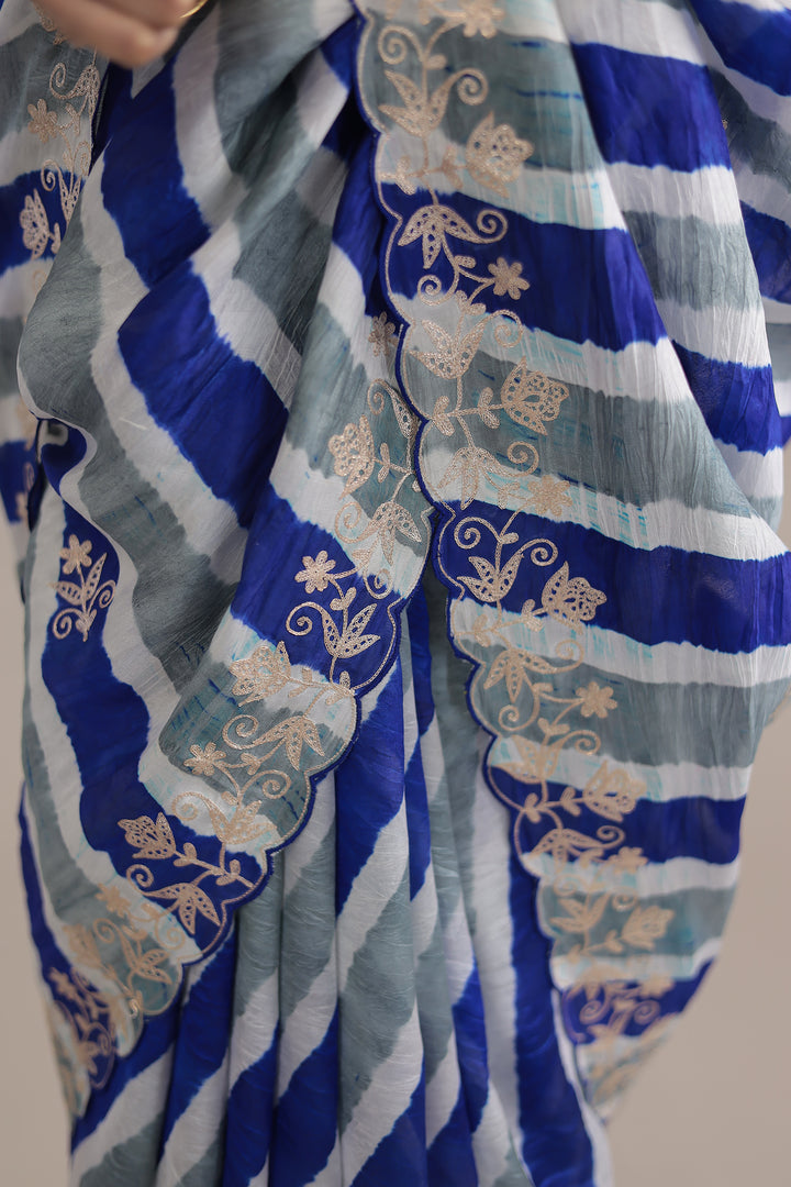 Light Blue Leheriya Tussar Silk  Saree  with Aari work