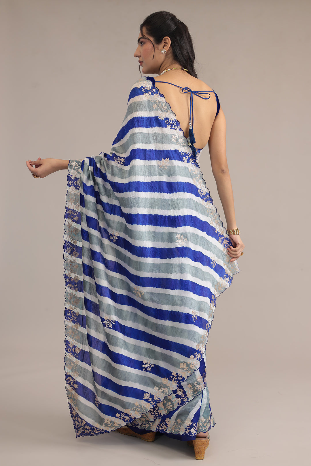 Light Blue Leheriya Tussar Silk  Saree  with Aari work