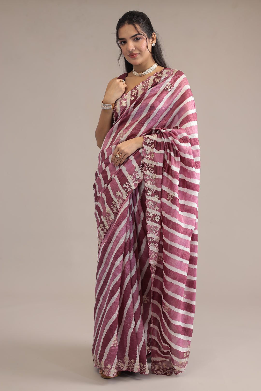 Light Blue Leheriya Tussar Silk  Saree  with Aari work