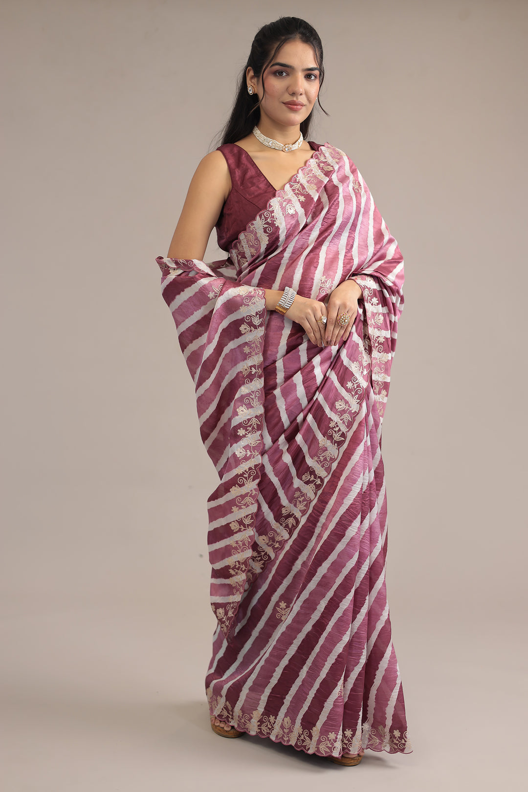 Light Blue Leheriya Tussar Silk  Saree  with Aari work