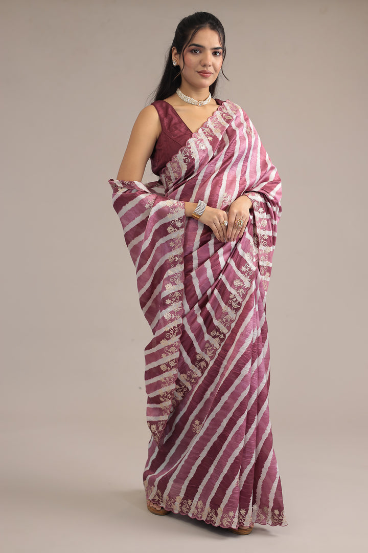 Light Blue Leheriya Tussar Silk  Saree  with Aari work