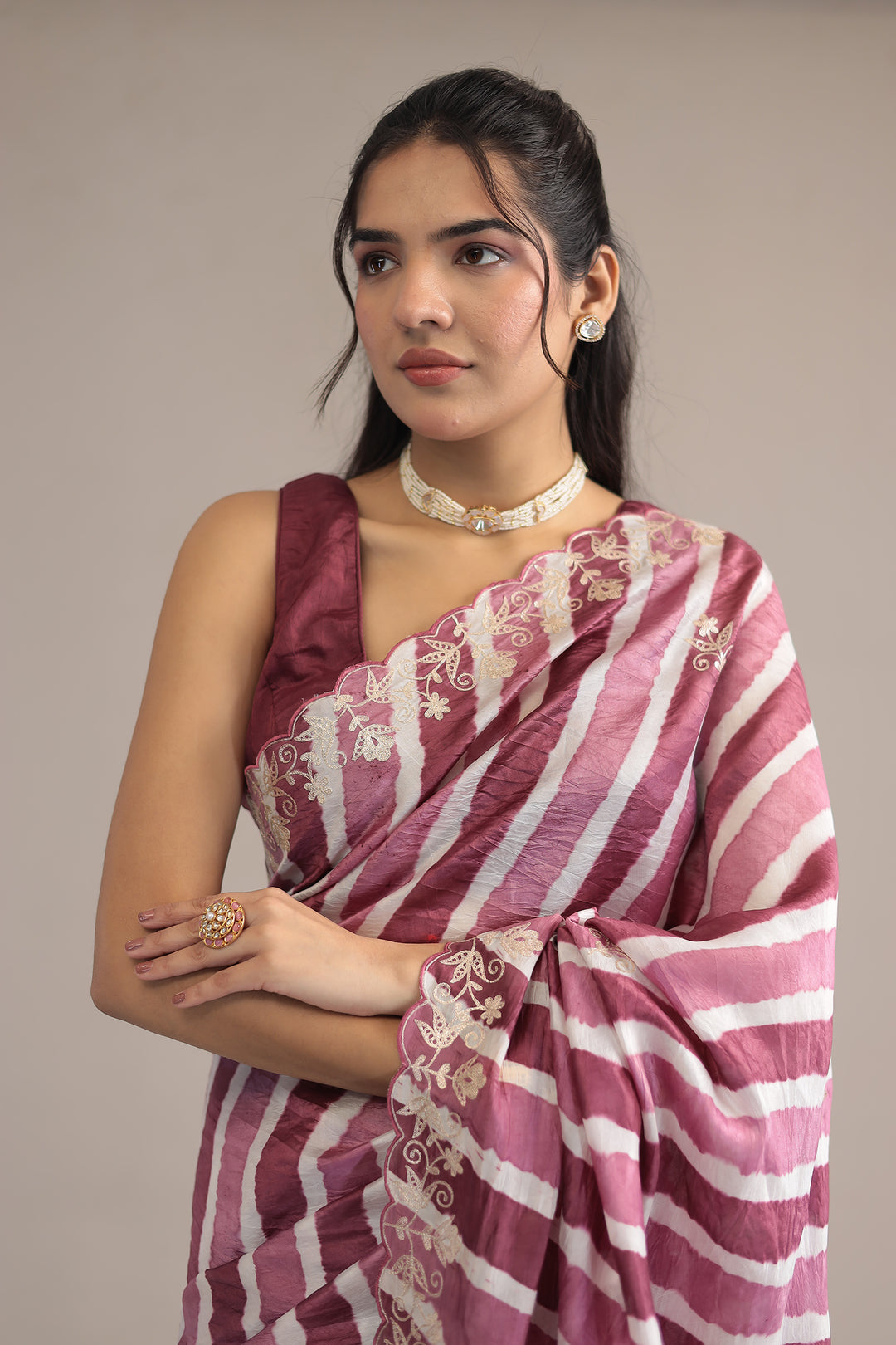 Light Blue Leheriya Tussar Silk  Saree  with Aari work