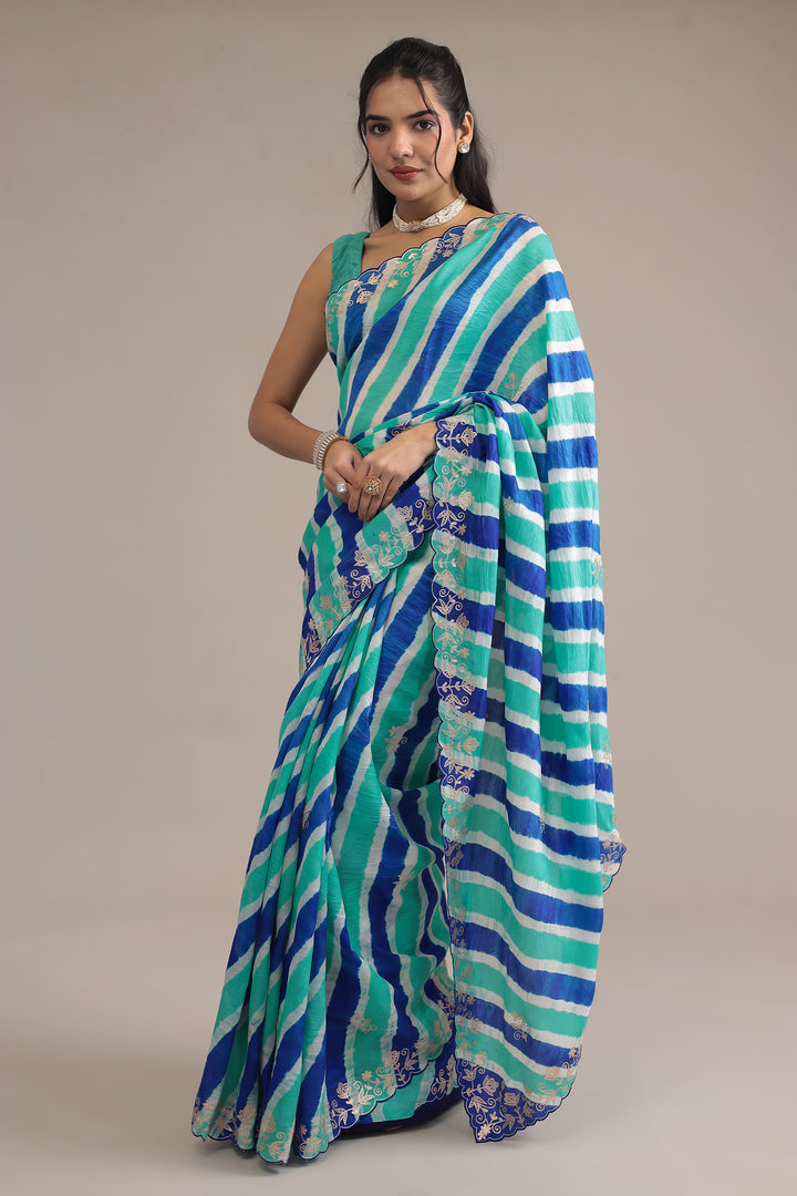 Light Blue Leheriya Tussar Silk  Saree  with Aari work