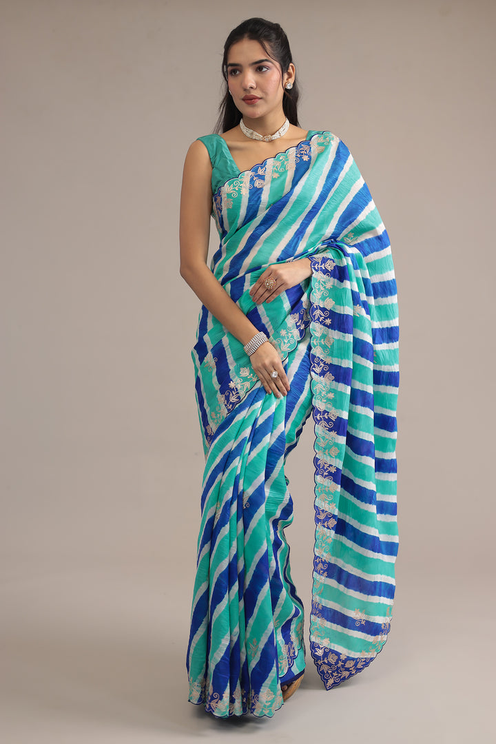 Light Blue Leheriya Tussar Silk  Saree  with Aari work