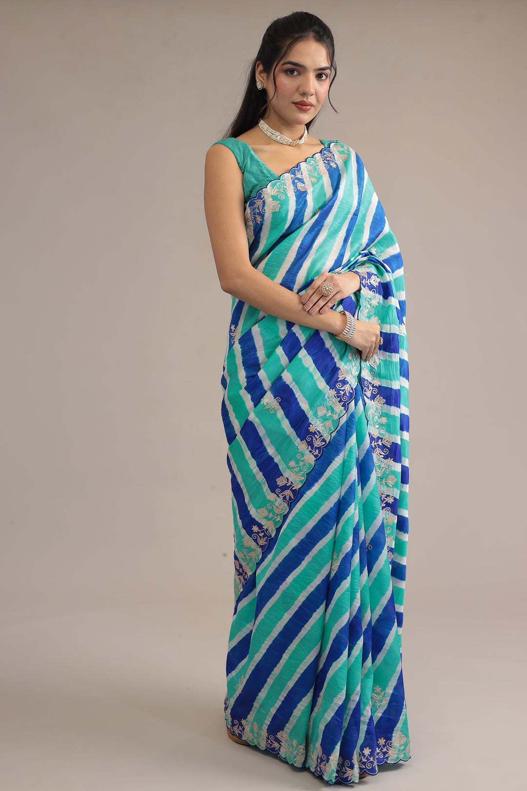 Light Blue Leheriya Tussar Silk  Saree  with Aari work