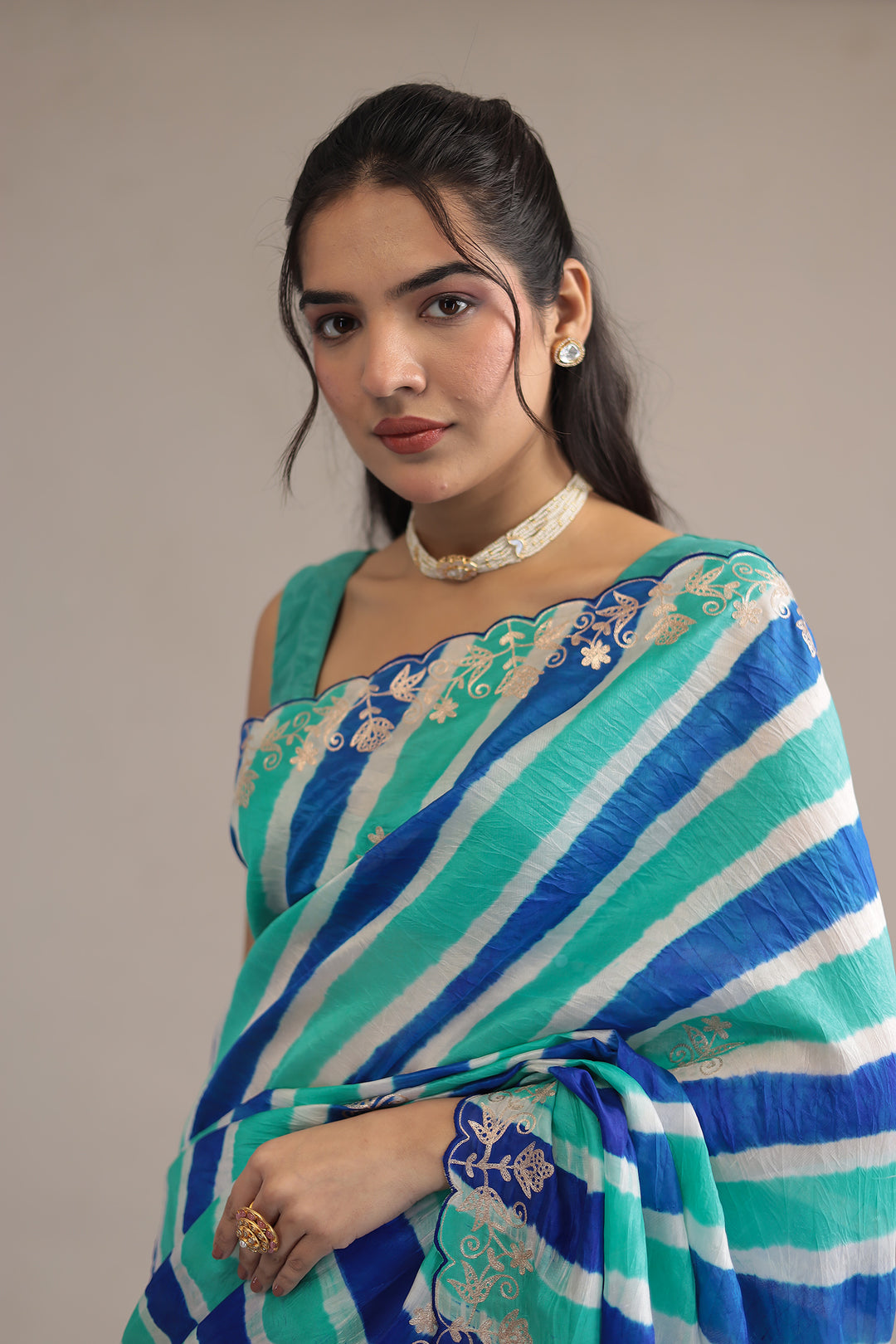 Light Blue Leheriya Tussar Silk  Saree  with Aari work