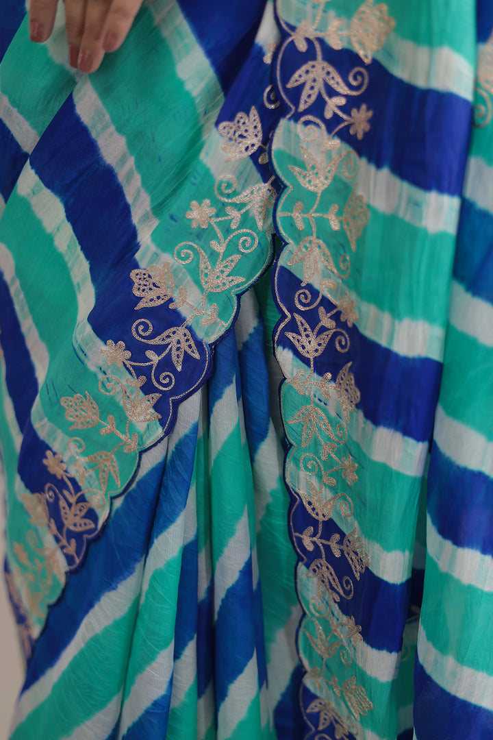 Light Blue Leheriya Tussar Silk  Saree  with Aari work