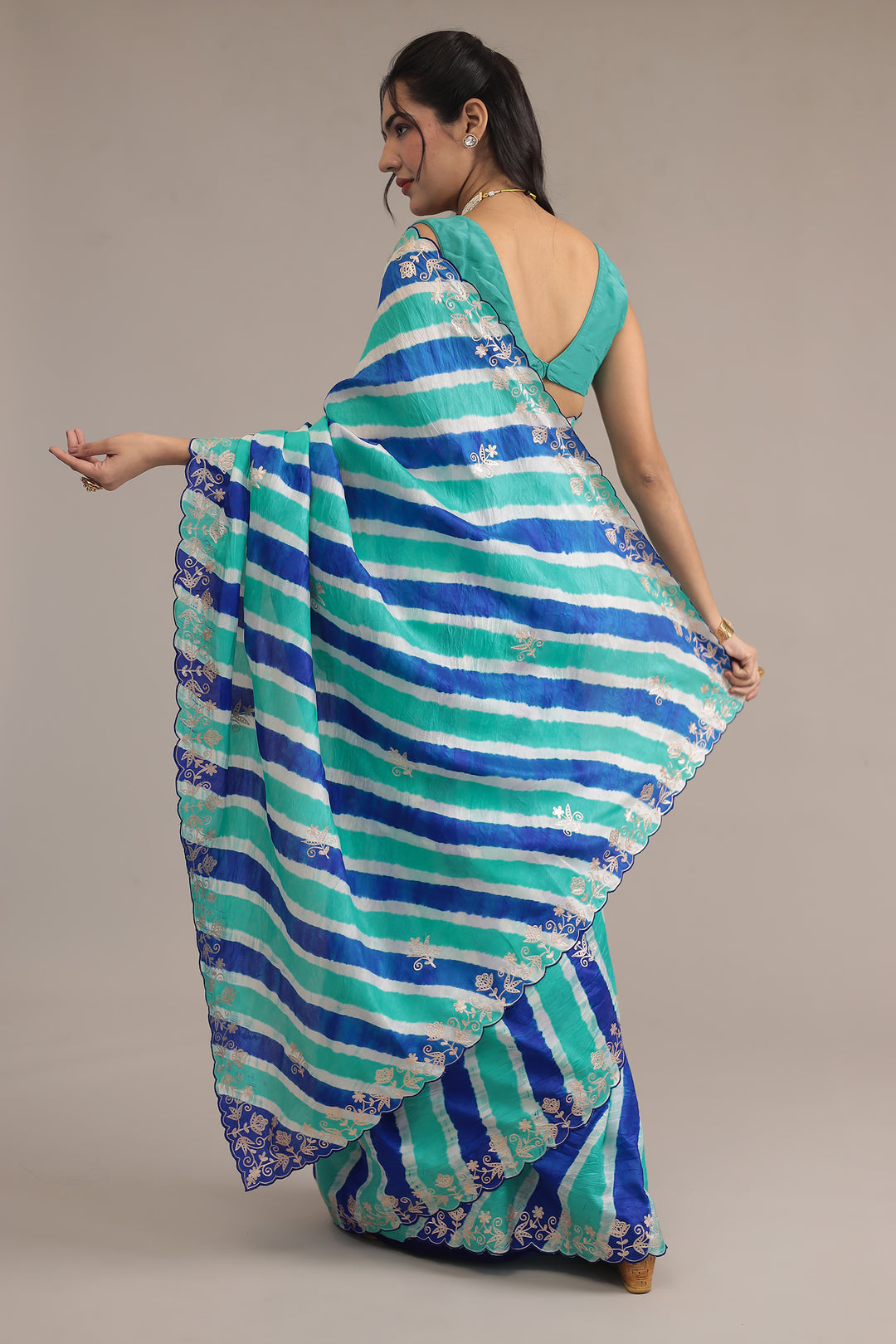 Light Blue Leheriya Tussar Silk  Saree  with Aari work