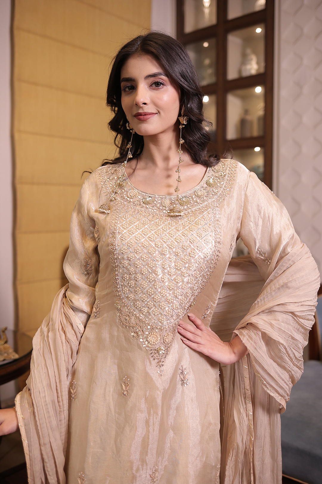 Gold Tissue Gota Patti Suit set with Pearl, Gota and Zardozi work