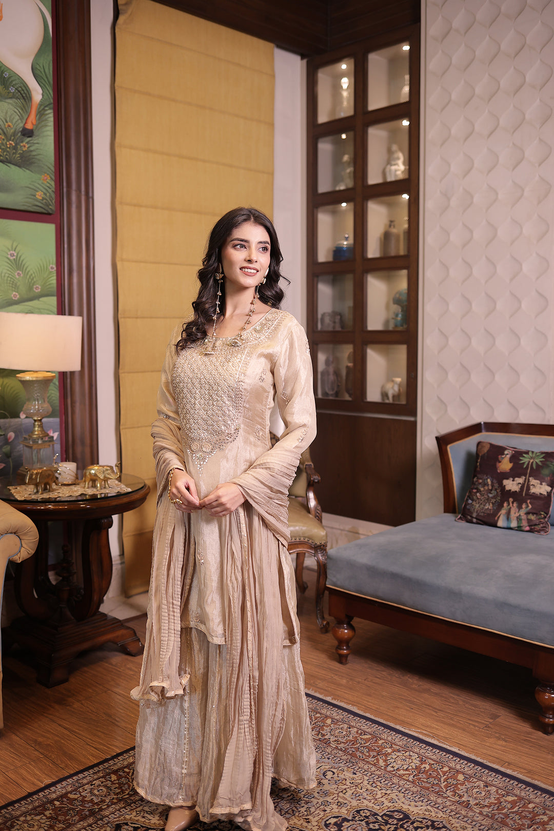 Gold Tissue Gota Patti Suit set with Pearl, Gota and Zardozi work