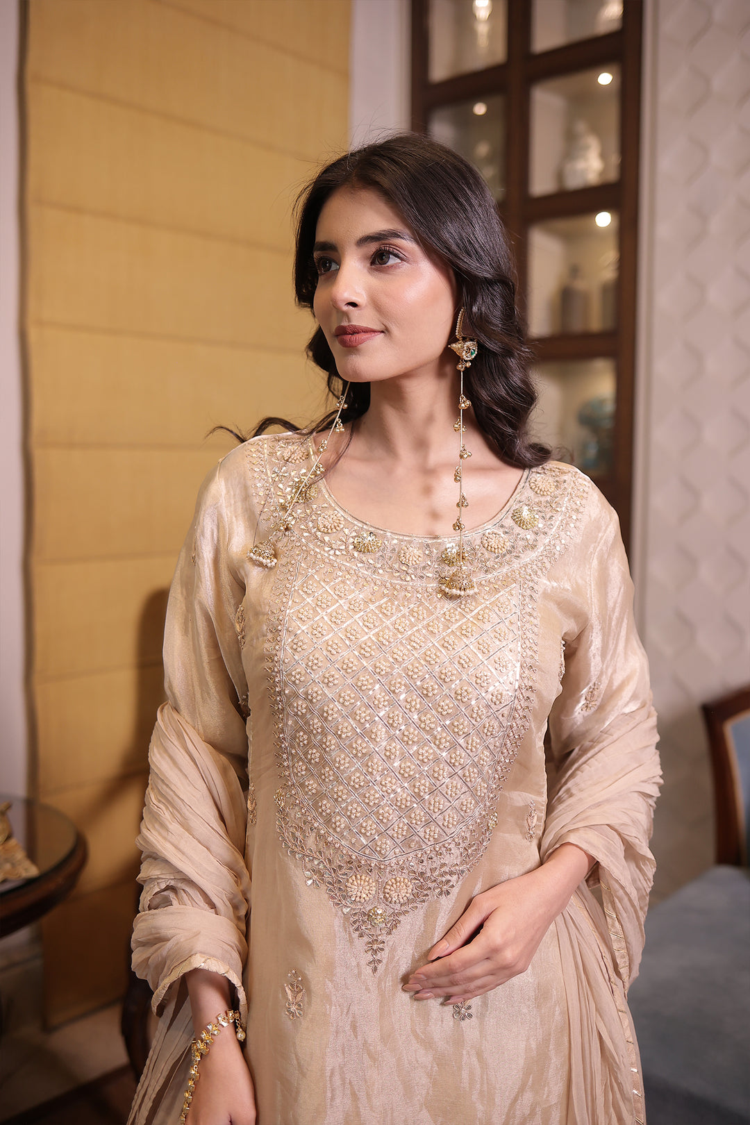 Gold Tissue Gota Patti Suit set with Pearl, Gota and Zardozi work