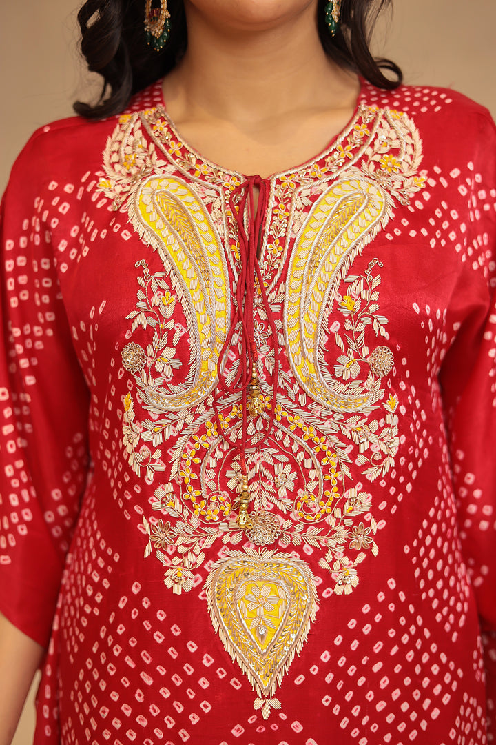 Gajji silk Kaftan with Bandhej, Pearl, Sequins, Thread, Zardozi work
