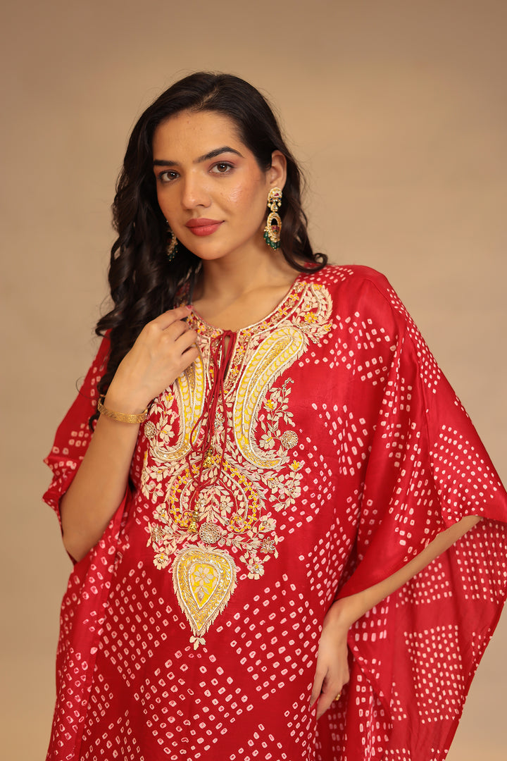 Bandhej Gajji silk Kaftan with Pearl, Sequins, Thread, Zardozi and Zari work