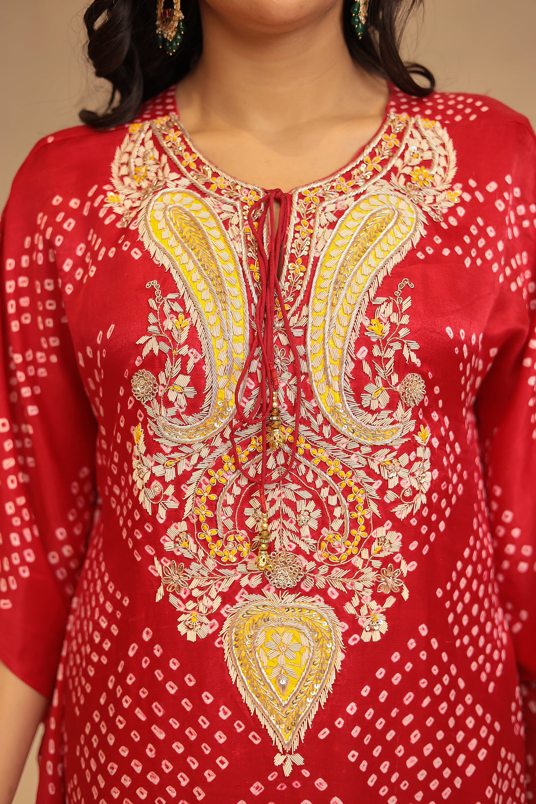 Bandhej Gajji silk Kaftan with Pearl, Sequins, Thread, Zardozi and Zari work