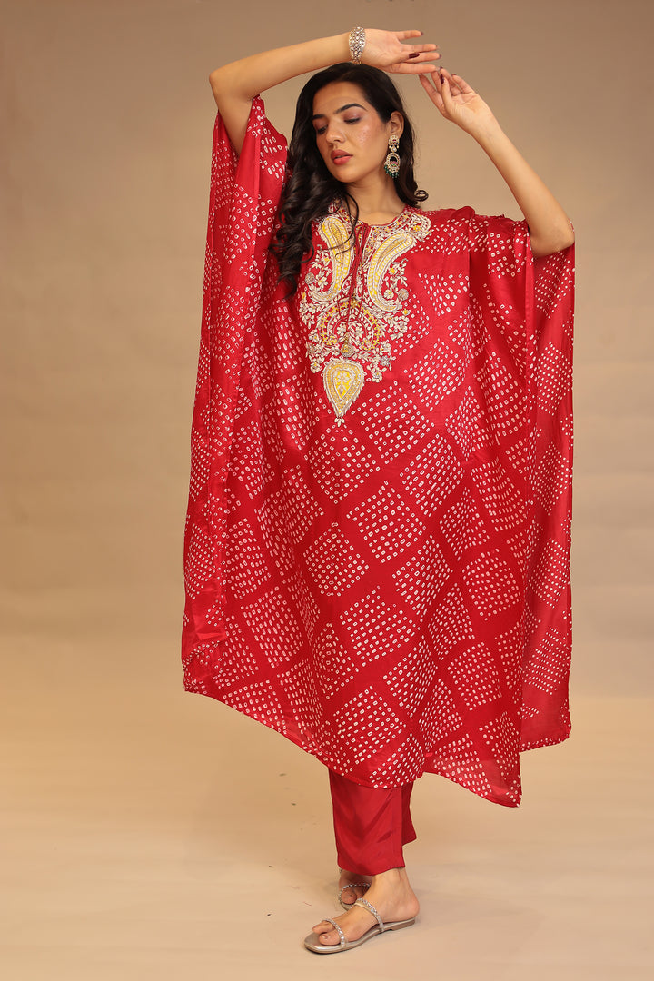Gajji silk Kaftan with Bandhej, Pearl, Sequins, Thread, Zardozi work