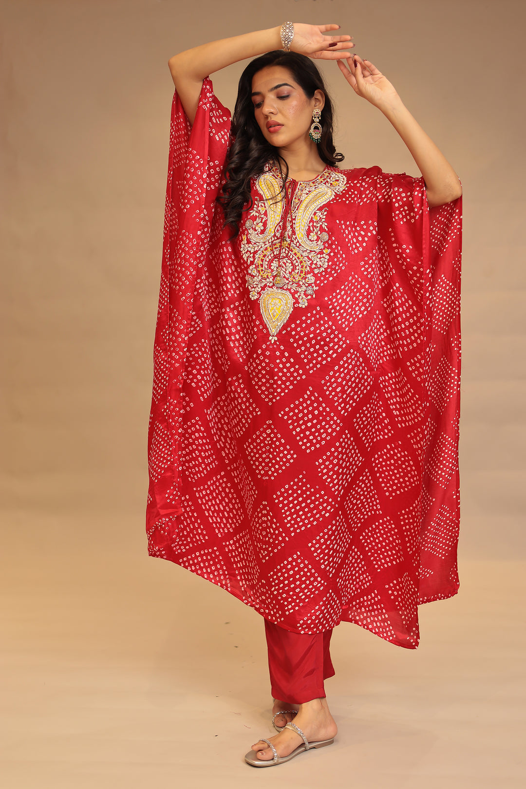 Bandhej Gajji silk Kaftan with Pearl, Sequins, Thread, Zardozi and Zari work