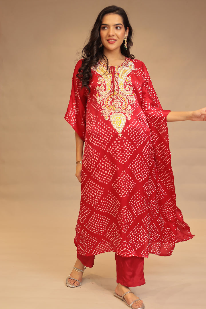 Gajji silk Kaftan with Bandhej, Pearl, Sequins, Thread, Zardozi work