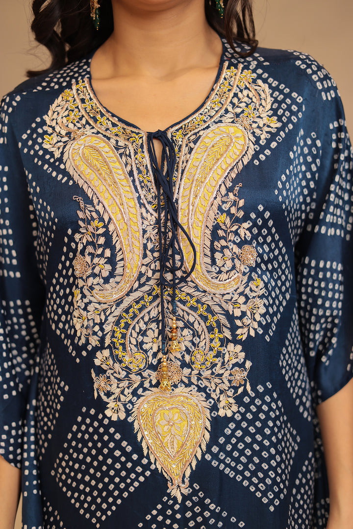 Gajji silk Kaftan with Bandhej, Pearl, Sequins, Thread, Zardozi work