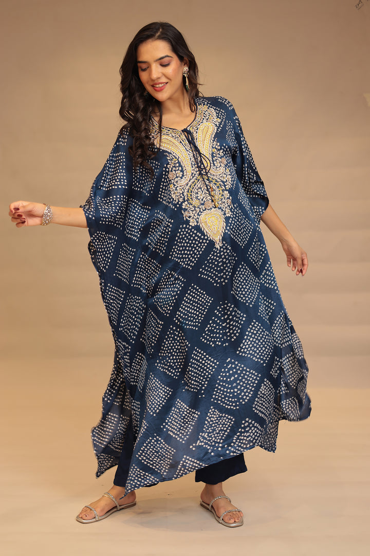 Gajji silk Kaftan with Bandhej, Pearl, Sequins, Thread, Zardozi work