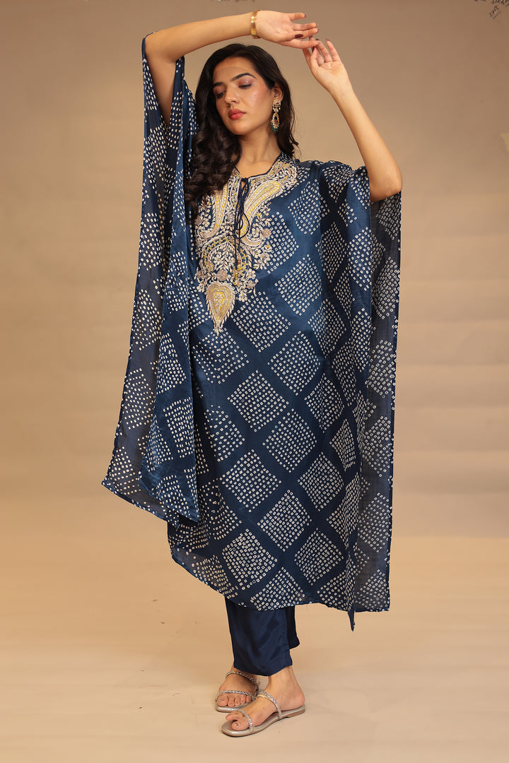 Gajji silk Kaftan with Bandhej, Pearl, Sequins, Thread, Zardozi work