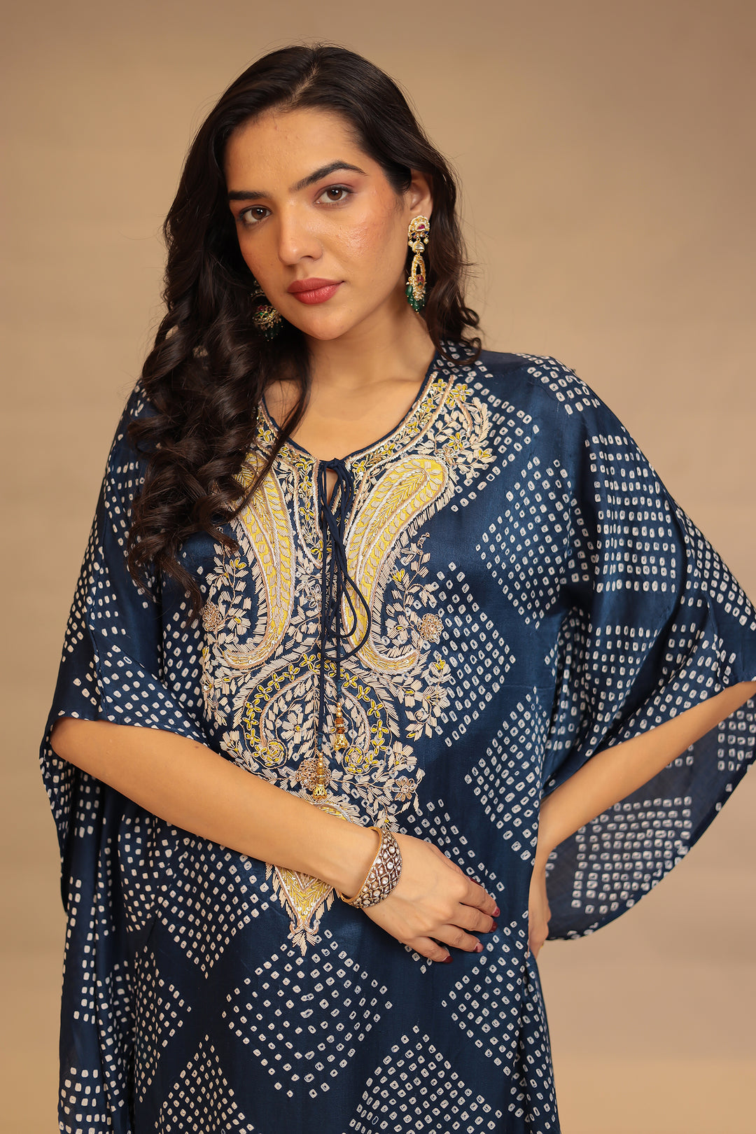 Gajji silk Kaftan with Bandhej, Pearl, Sequins, Thread, Zardozi work