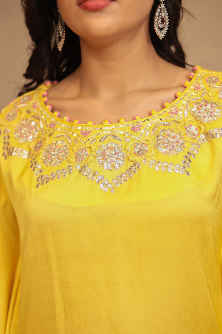 Satin silk Kaftan with Gota Patti, Mirror, Thread and Zardozi work