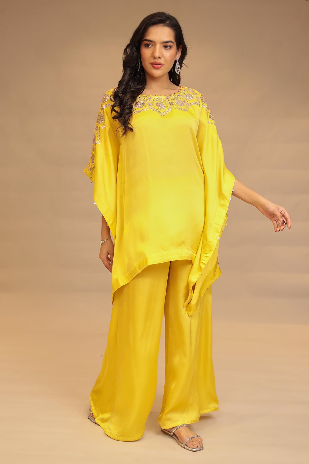 Satin silk Kaftan with Gota Patti, Mirror, Thread and Zardozi work