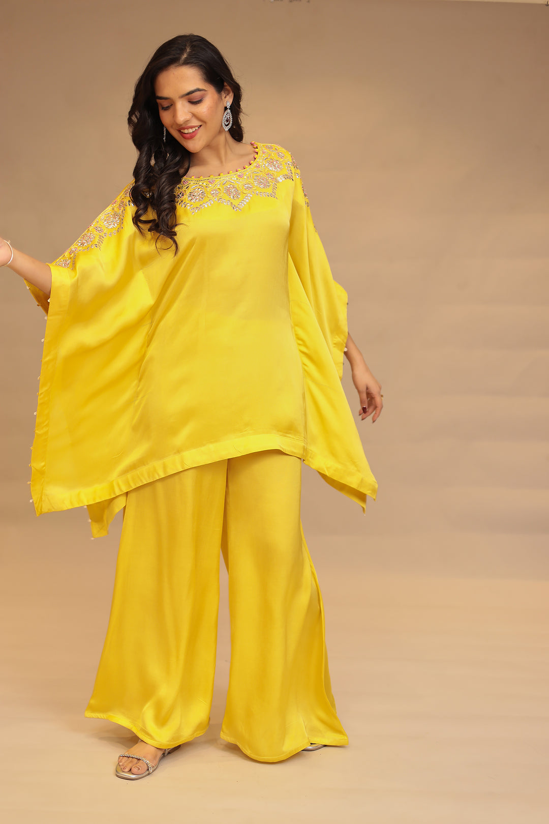Satin silk Kaftan with Gota Patti, Mirror, Thread and Zardozi work