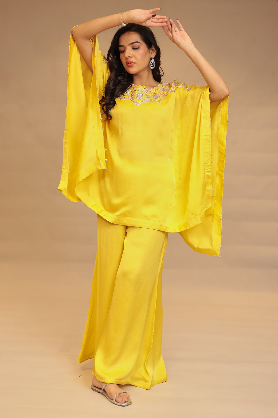 Satin silk Kaftan with Gota Patti, Mirror, Thread and Zardozi work