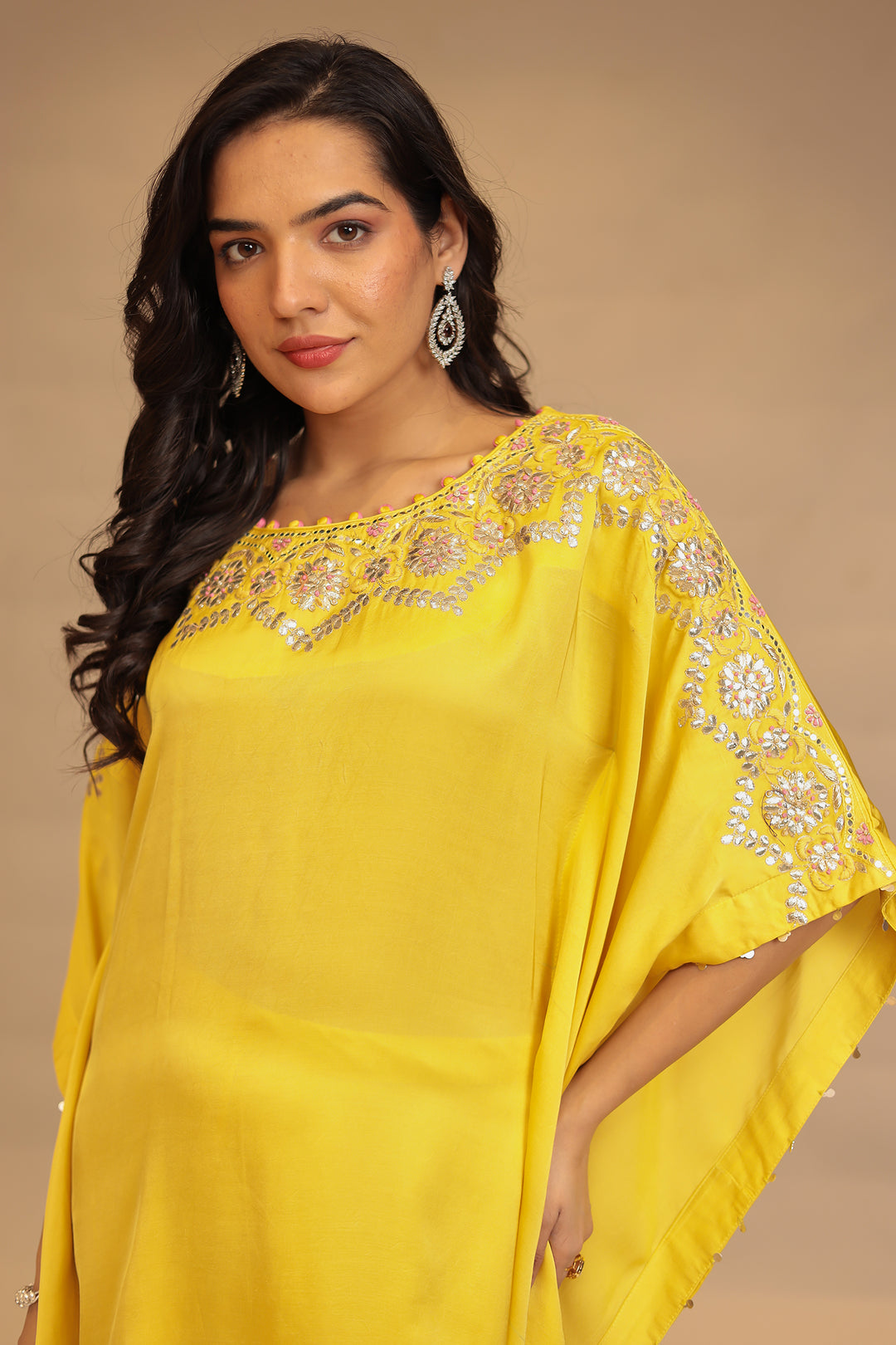 Satin silk Kaftan with Gota Patti, Mirror, Thread and Zardozi work