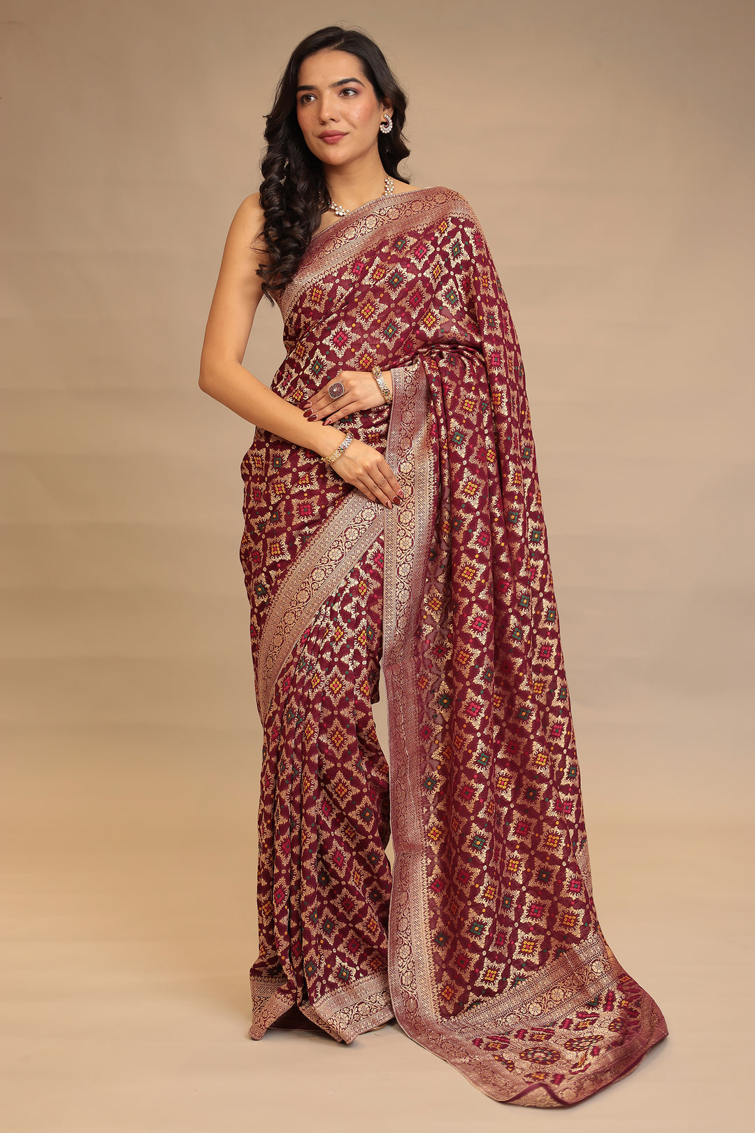 Brown Bandhej Georgette Saree 