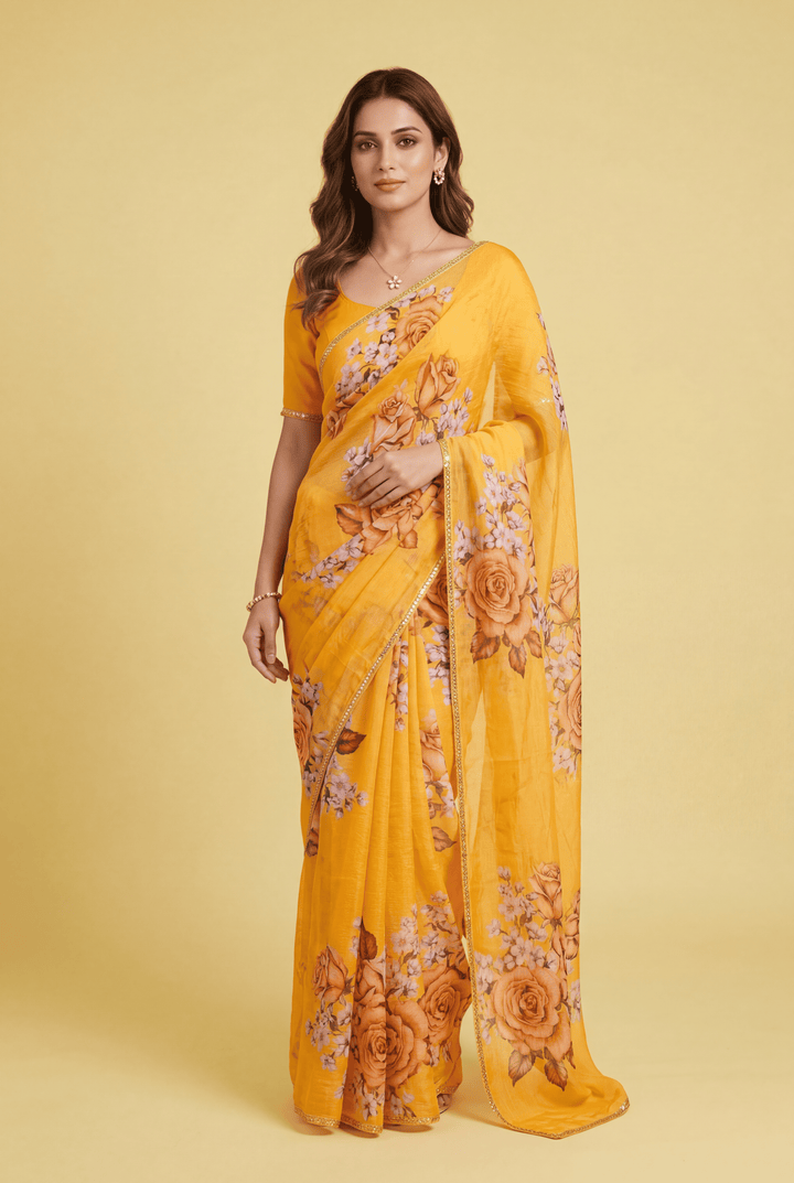 Printed Chiffon Saree with Zari work.