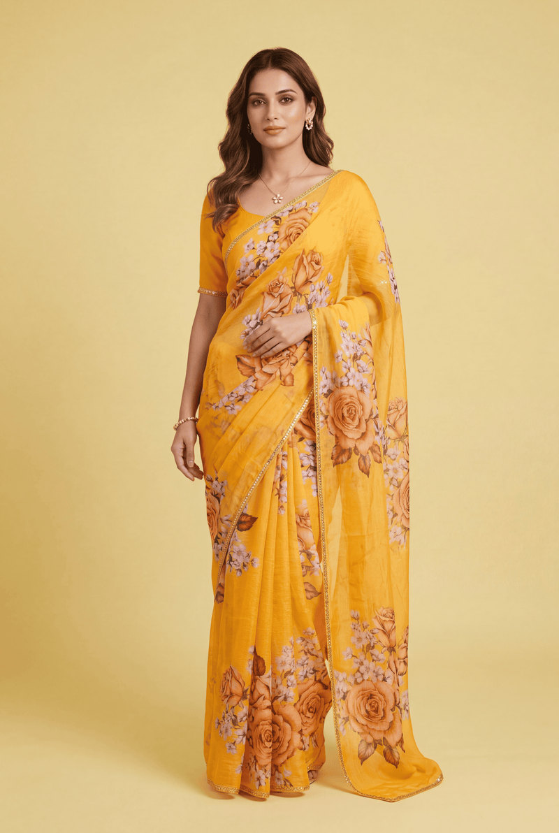 Printed Chiffon Saree with Zari work.