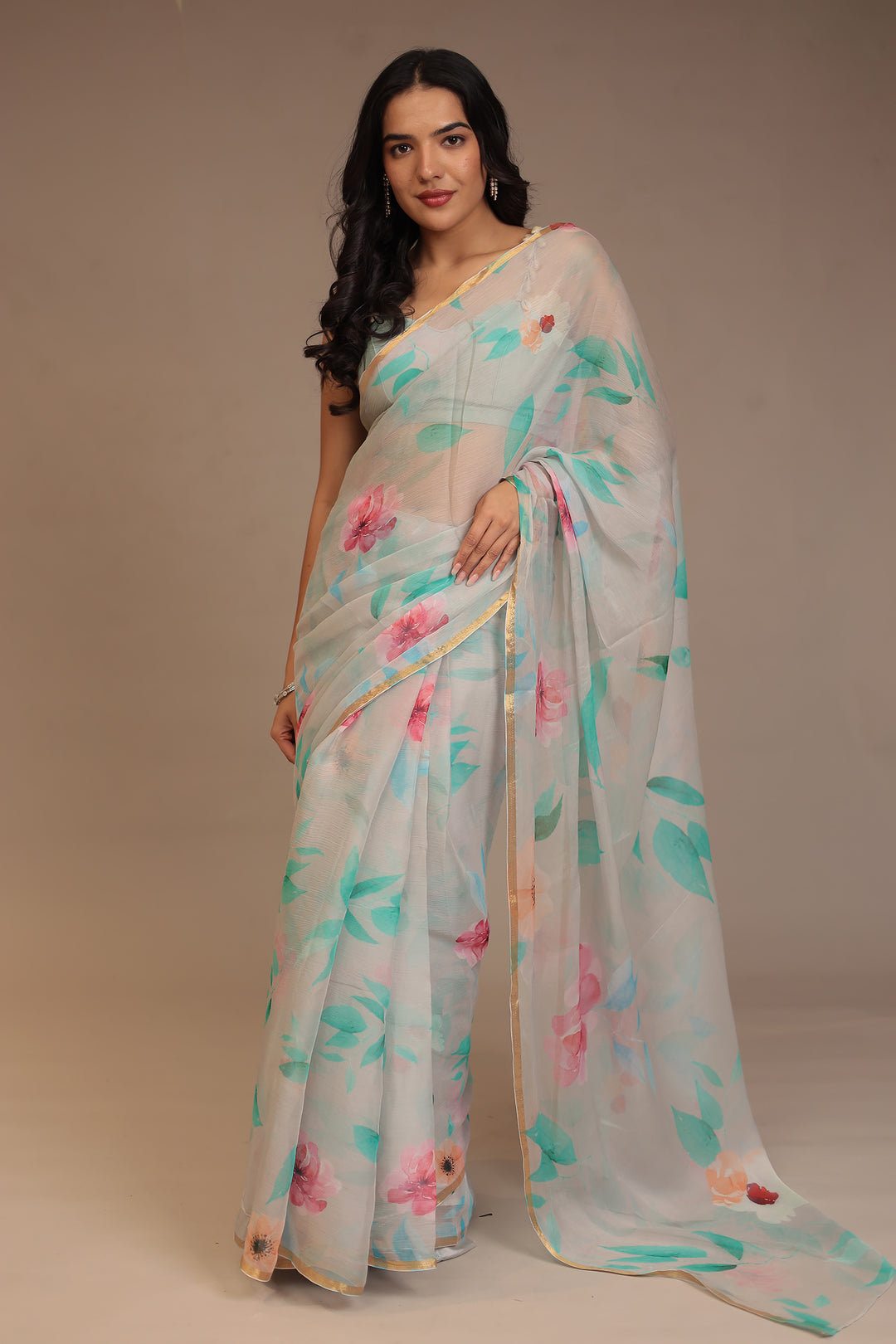 Digital Print Chiffon Saree with Zari work
