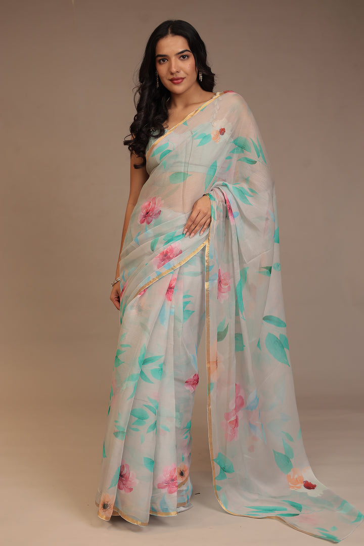 Digital Print Chiffon Saree with Zari work