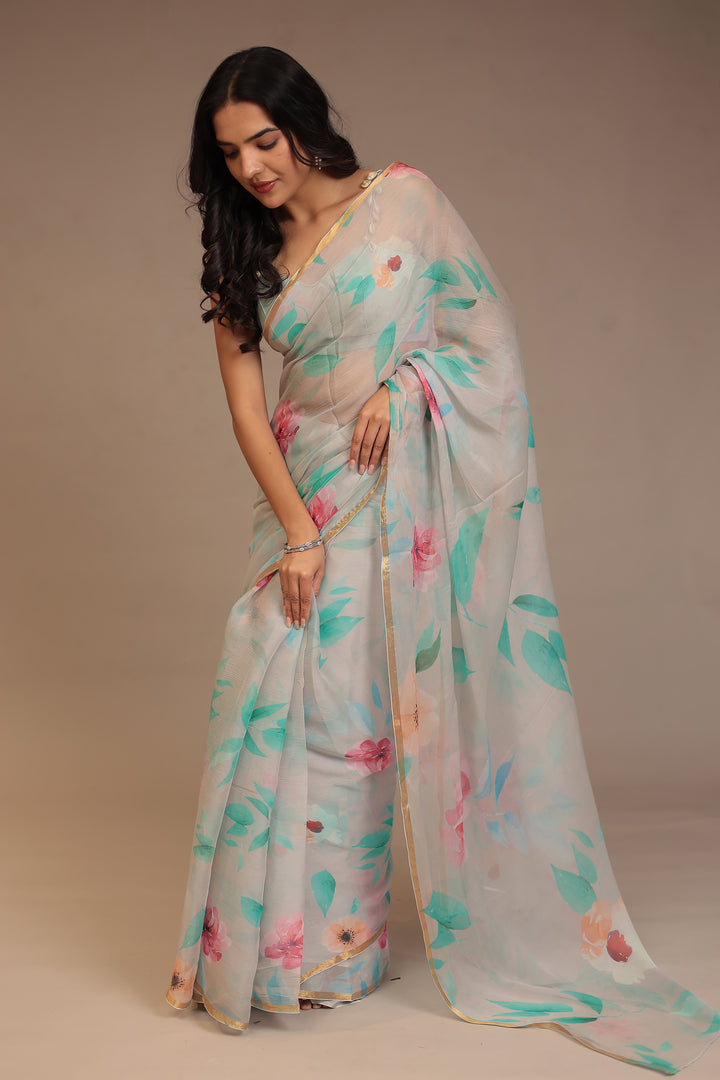 Digital Print Chiffon Saree with Zari work